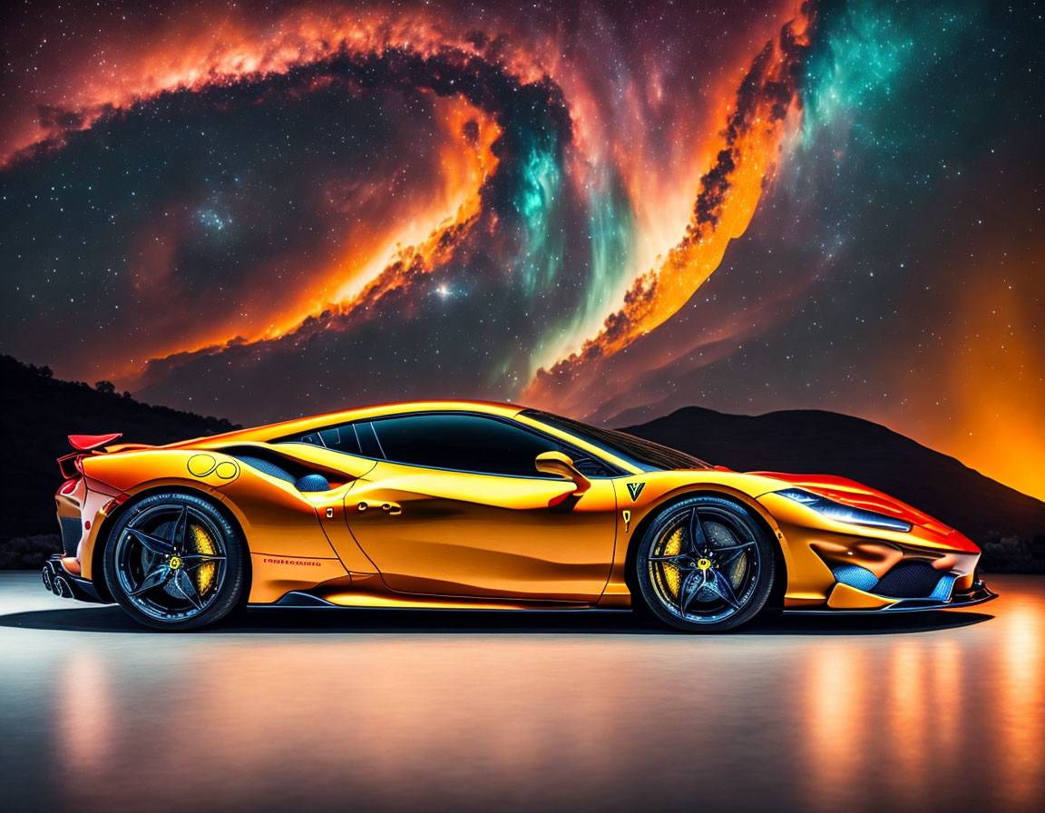 Yellow Sports Car Parked Under Dramatic Night Sky