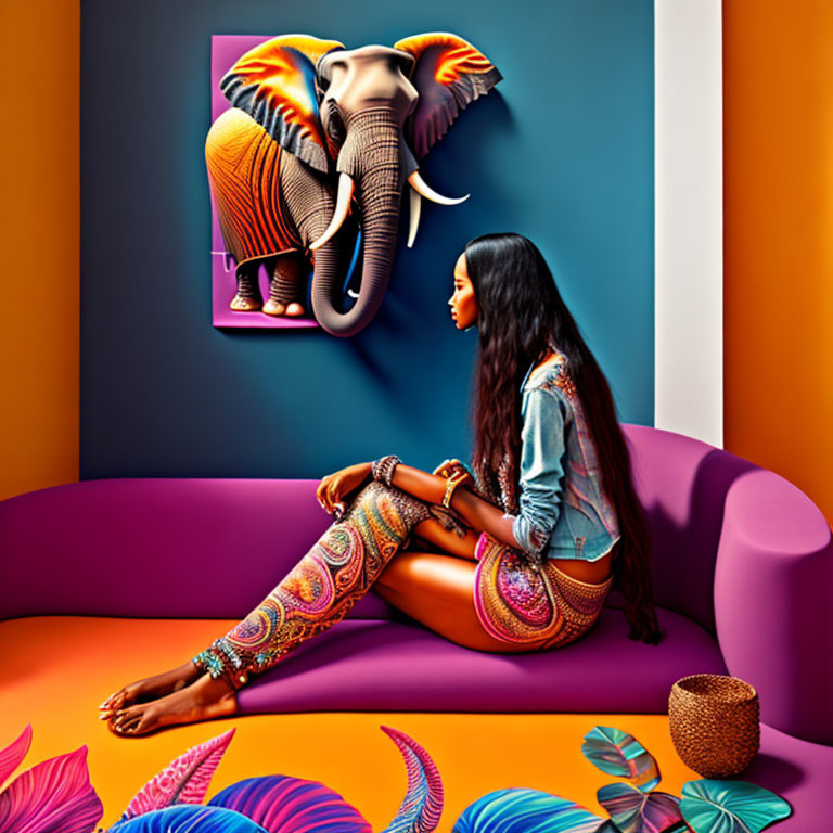 Colorfully dressed woman sits on purple sofa in vibrant room with elephant painting and tropical leaves