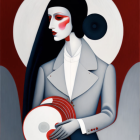 Geometric woman portrait with white headdress and tambourine on red and gray background