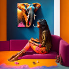 Colorfully dressed woman sits on purple sofa in vibrant room with elephant painting and tropical leaves