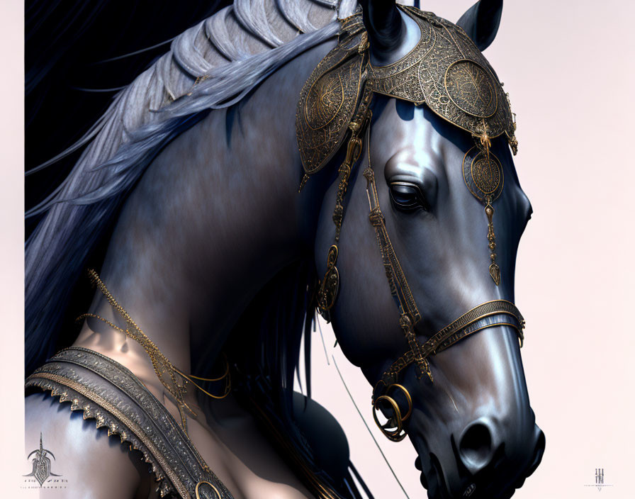 Detailed close-up of black horse's head with ornate gold bridle