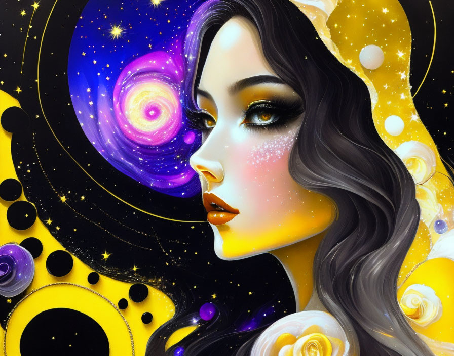 Illustration of woman with cosmic features and celestial elements.