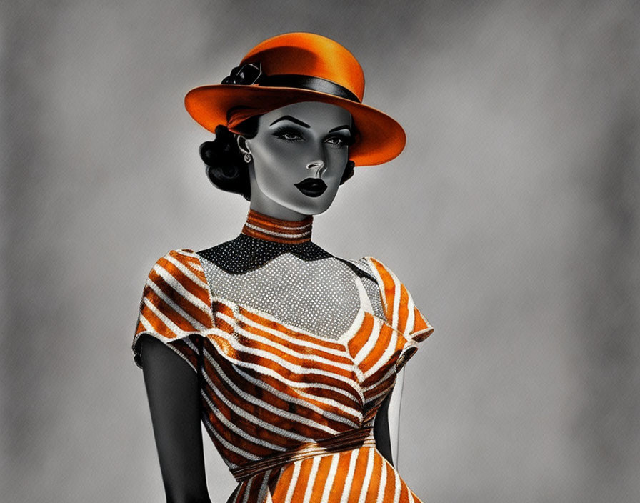 Stylized woman in orange & white dress with hat on grey background