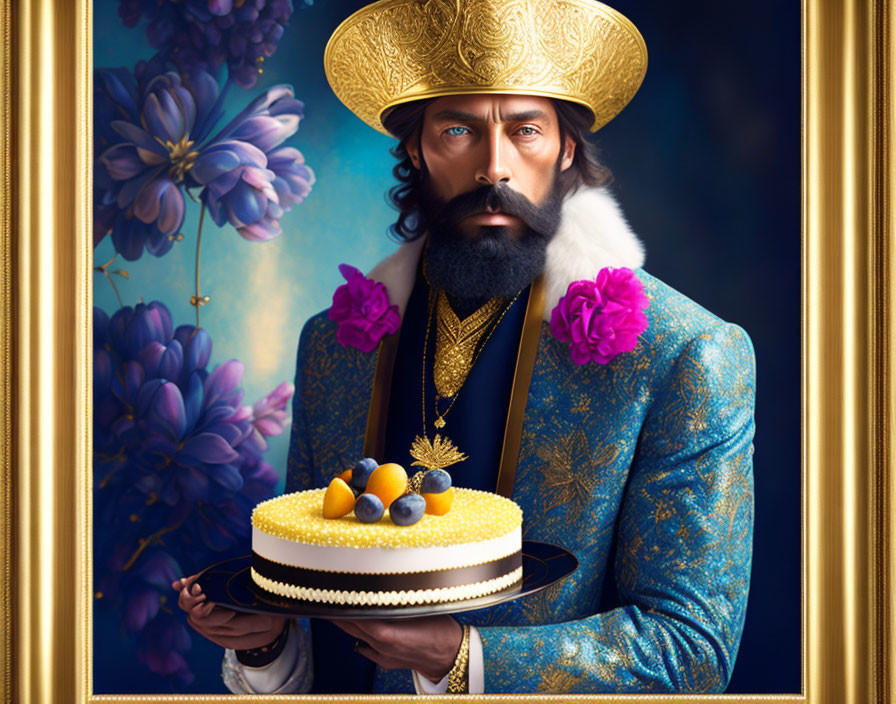 Regal portrait of a bearded man in golden and blue attire with a fruit-topped cake,