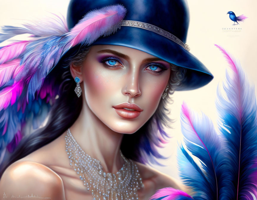 Digital artwork: Woman with vibrant blue eyes, blue hat with colorful feathers, pearl necklace