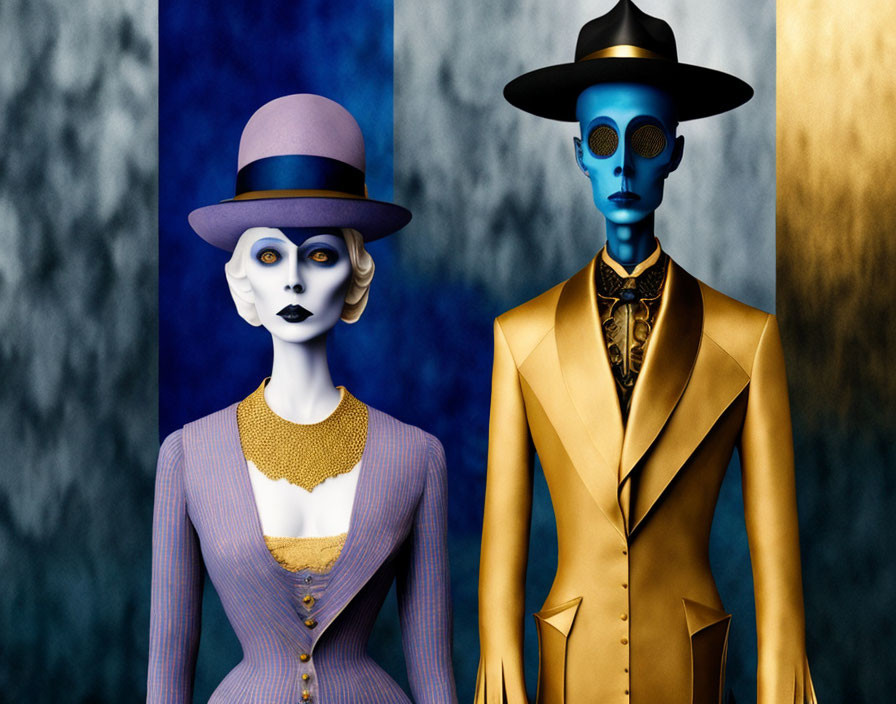 Blue and Yellow Mannequins in Purple and Black Hats on Blue and Gold Background