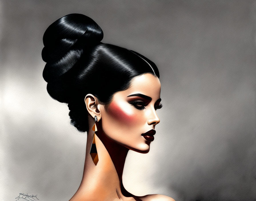 Woman with elegant updo, bold red lips, and geometric earrings.