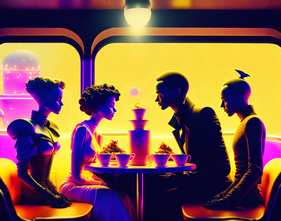 Futuristic humanoid characters dining in vibrant purple and yellow-lit restaurant