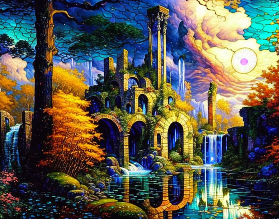 Colorful fantasy landscape with ruins, forest, waterfall, river, and sun