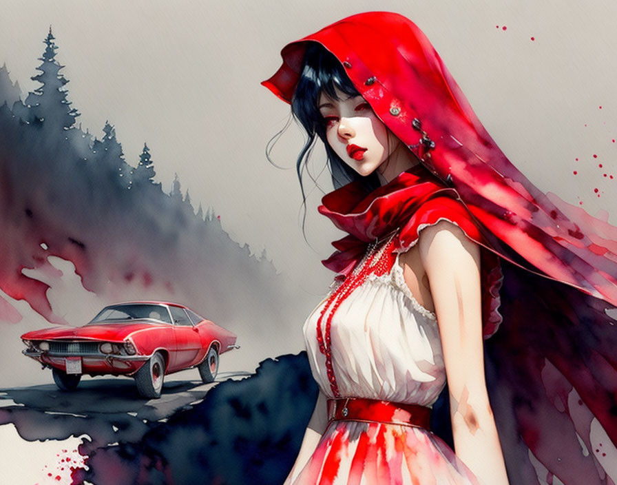 Stylized illustration of woman in white dress, red cloak, classic car, pine trees, and