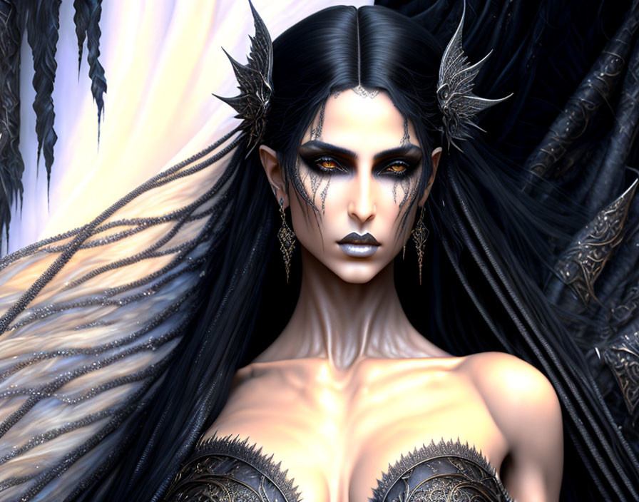 Fantasy character digital artwork with dark makeup and ornate black wings