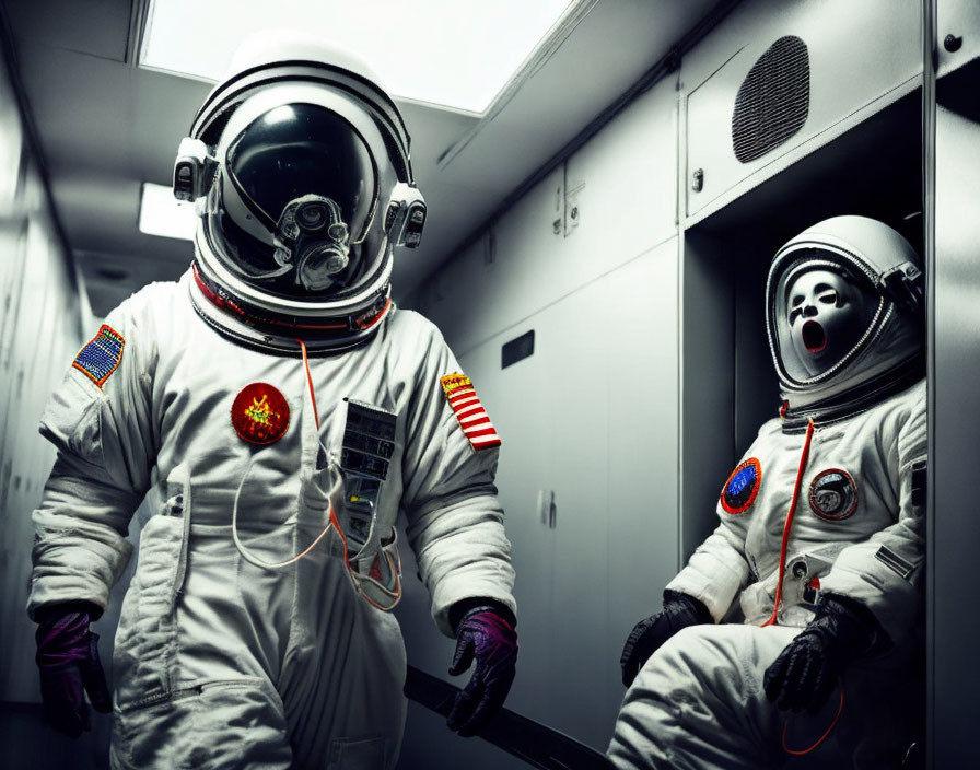 Astronauts in spacecraft corridor, one standing, one sitting with surprise.