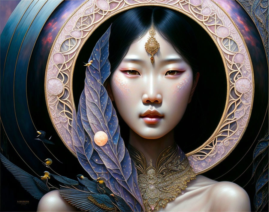 Detailed digital artwork: Asian woman with ornate jewelry, halo background, serene mythical atmosphere.