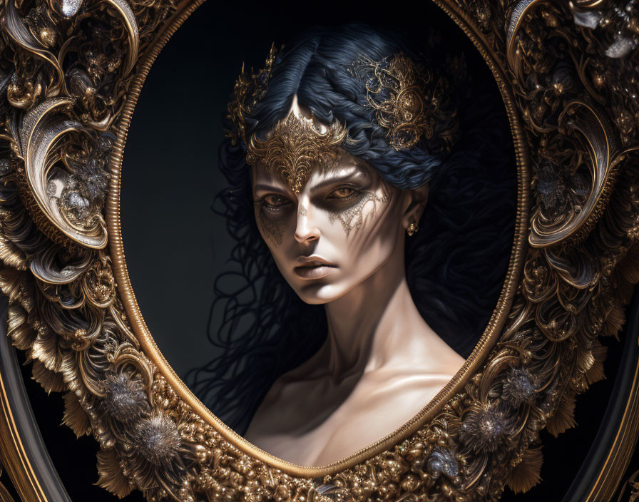 Detailed portrait of a woman with dark hair and ornate headpiece in baroque-style golden mirror