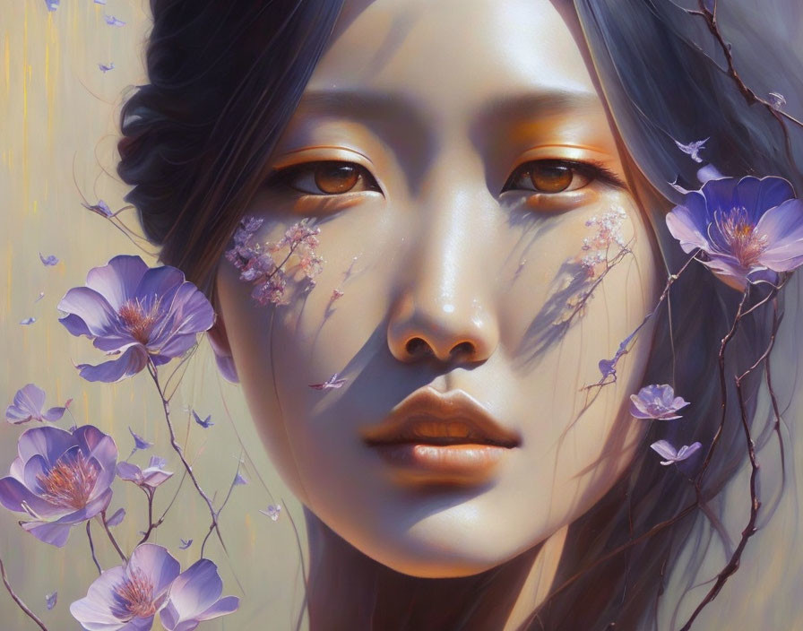 Surreal portrait of woman with serene expression and purple flowers.