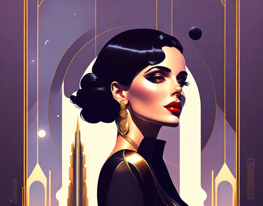 Stylized woman with dark hair and red lips in art deco setting