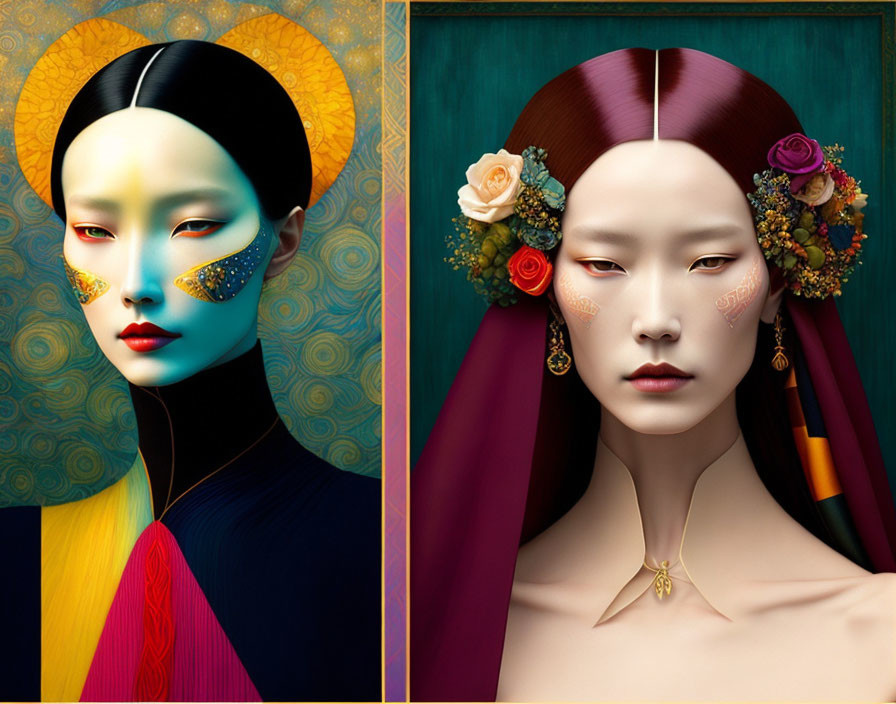 Stylized portraits of women with elaborate makeup and floral designs on textured background