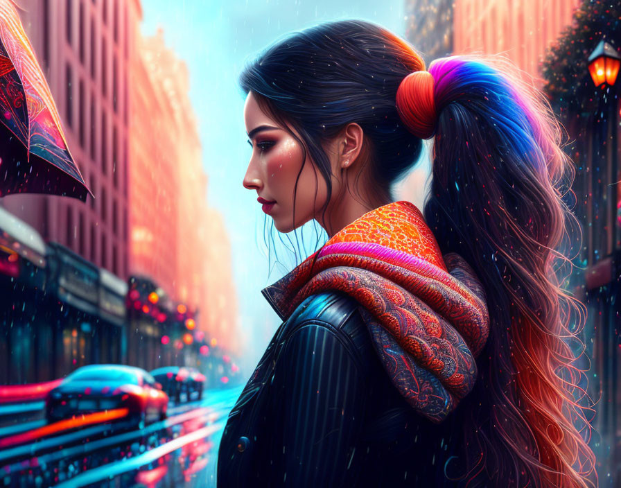 Colorful ponytail woman in profile on rainy neon-lit city street