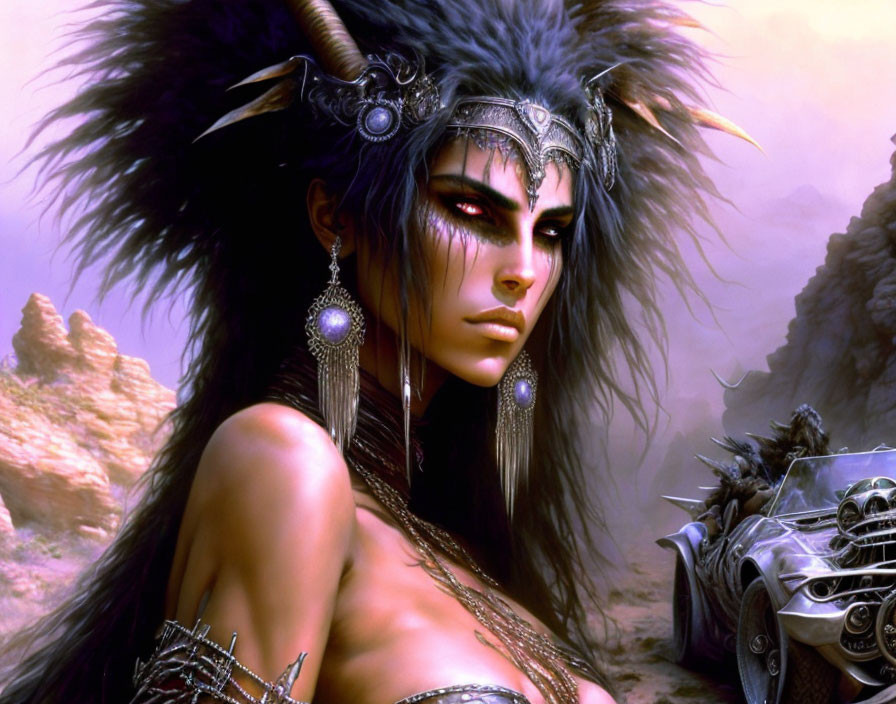 Warrior woman with feather headdress, silver jewelry, and armor in misty rocky setting