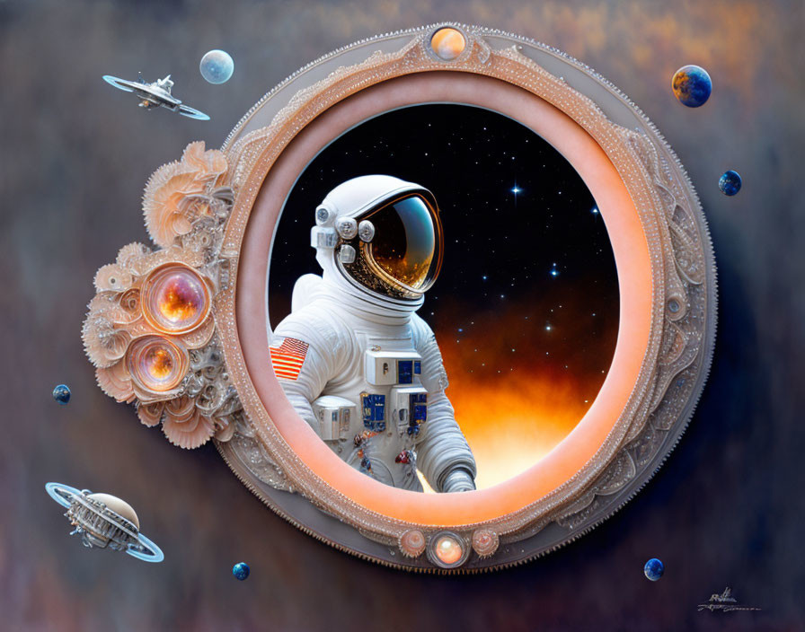 Astronaut in spacesuit floating by ornate cosmic portal