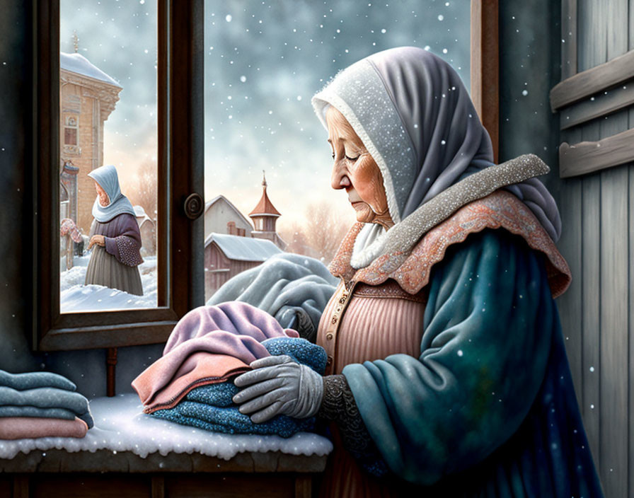 Elderly woman holding baby by snowy window