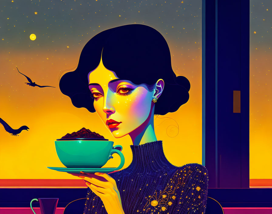 Woman with Bobbed Hair Holding Cup and Dessert in Twilight Sky with Moon and Birds