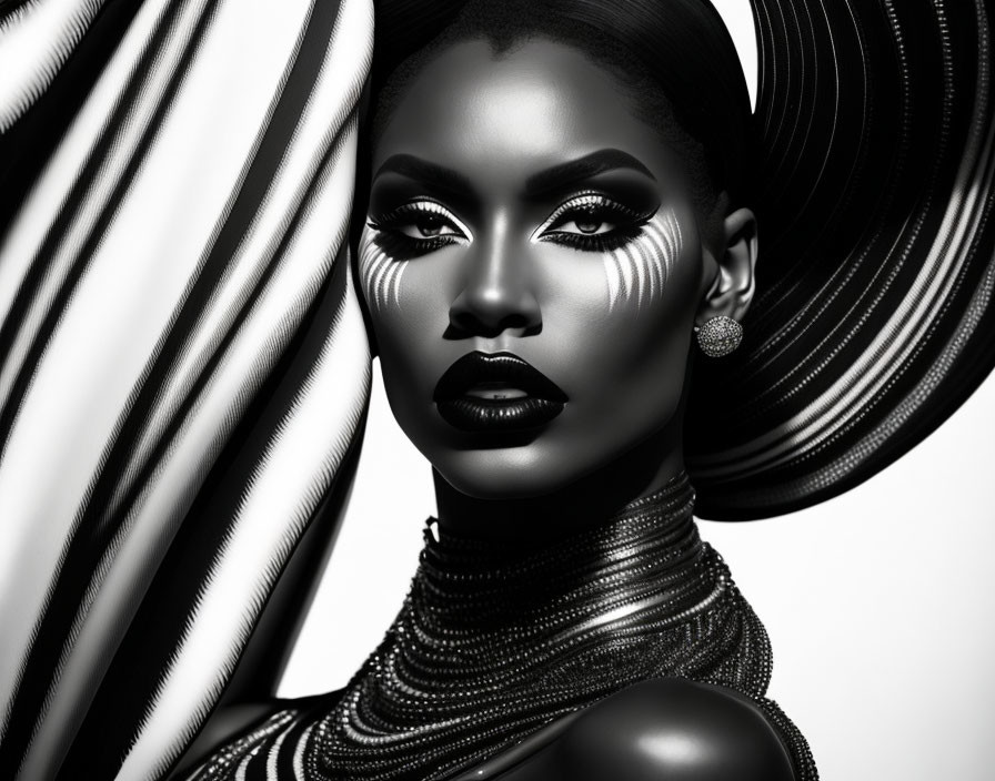 Monochrome portrait of woman with bold makeup and stylish accessories