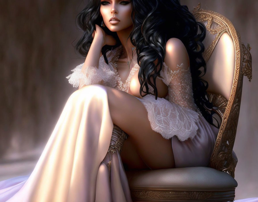 Digital artwork of woman with long black hair in cream dress sitting on ornate golden chair