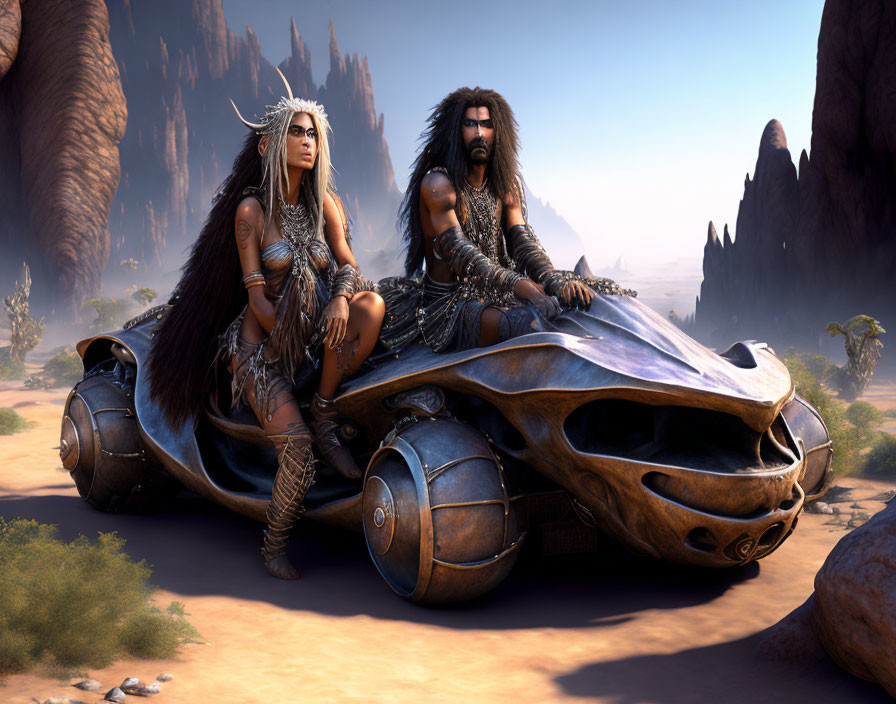 Tribal warriors on futuristic motorcycle in desert landscape