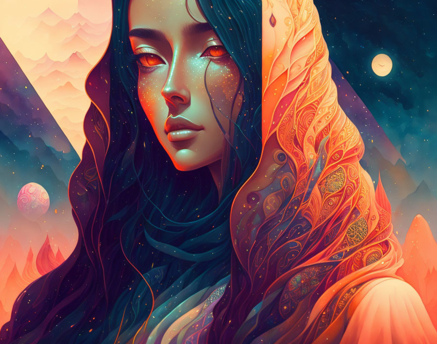 Colorful ornate hooded woman portrait against cosmic backdrop