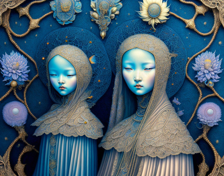 Blue-skinned stylized figures in intricate garments on ornate background.