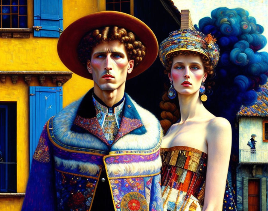 Colorful illustration of man and woman in intricate outfits against yellow building