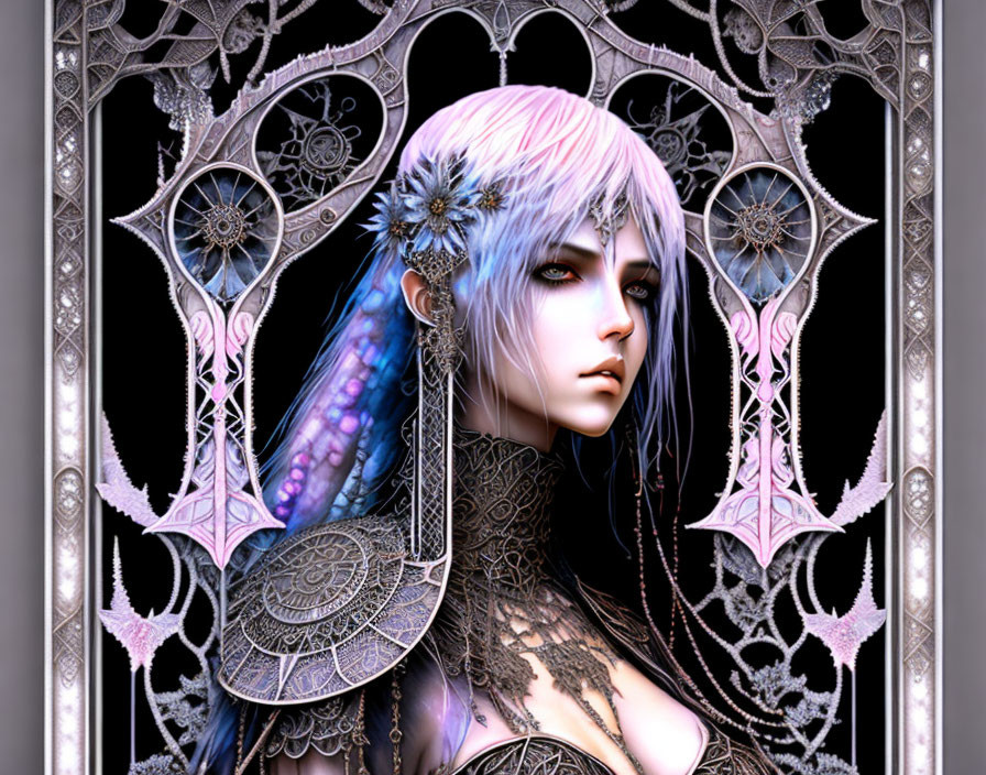 Fantasy Artwork of Pale-Skinned Character in Dark Lace Attire