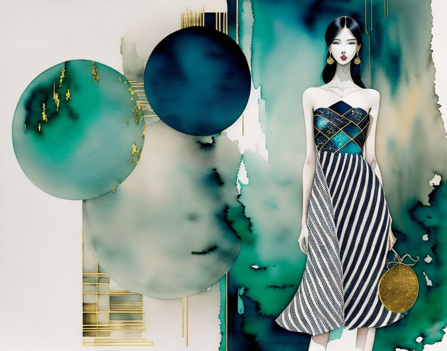 Illustrated Woman in Elegant Dress with Abstract Blue and Green Shapes