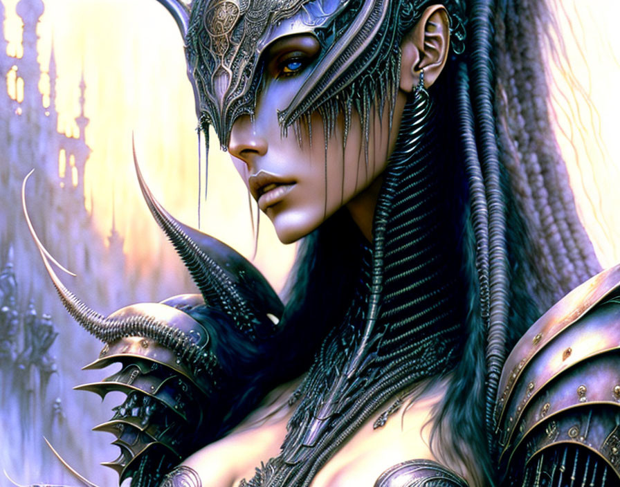 Elaborate fantasy female warrior in gothic backdrop