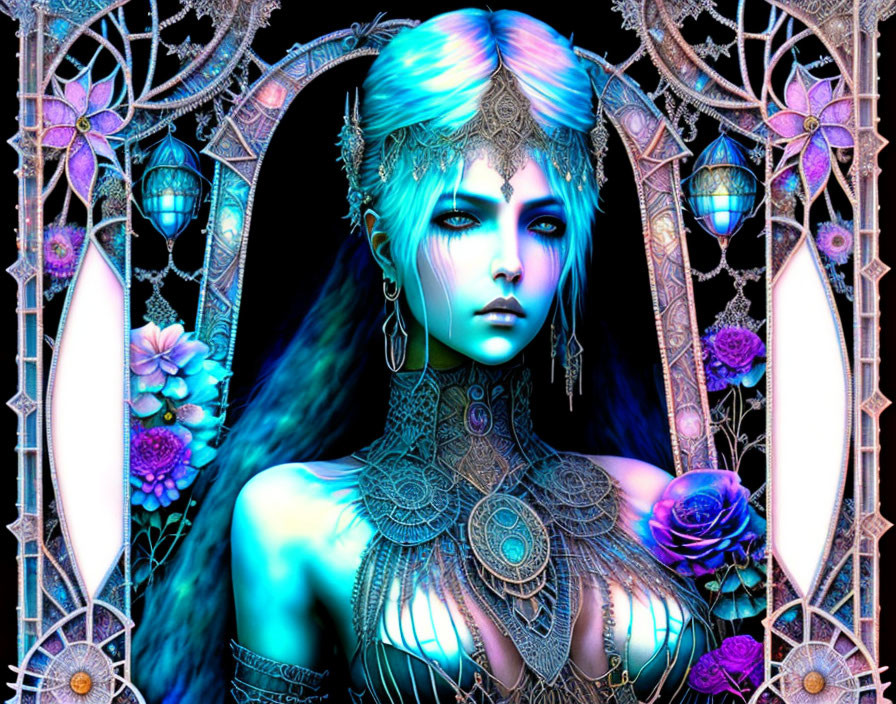 Blue-skinned female fantasy figure with silver headpiece and jewelry in front of ornate window with purple