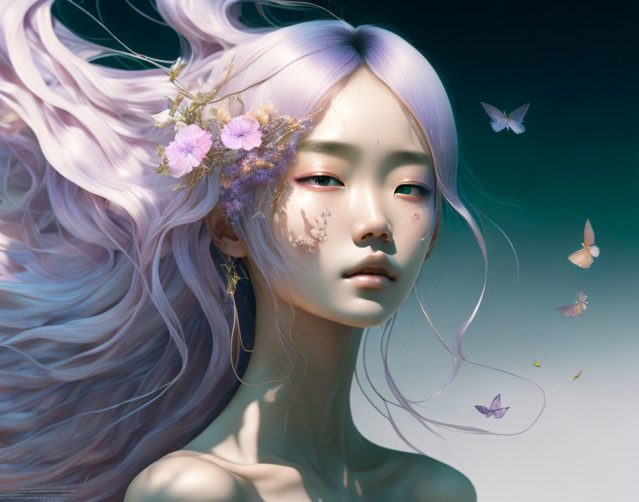 Ethereal female figure with lavender hair, flowers, butterflies, serene expression