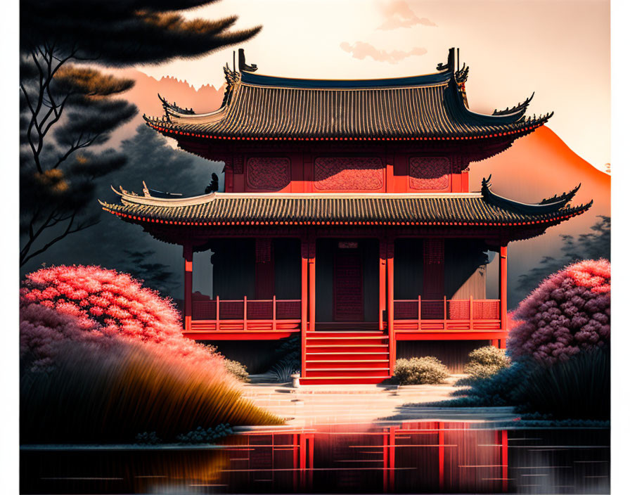 Asian pagoda-style building with red sun, lush vegetation, and serene water reflection