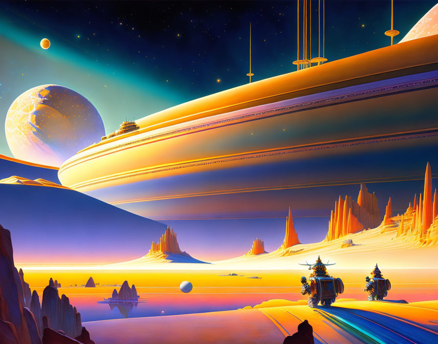 Futuristic vehicles in sci-fi landscape with alien rock formations