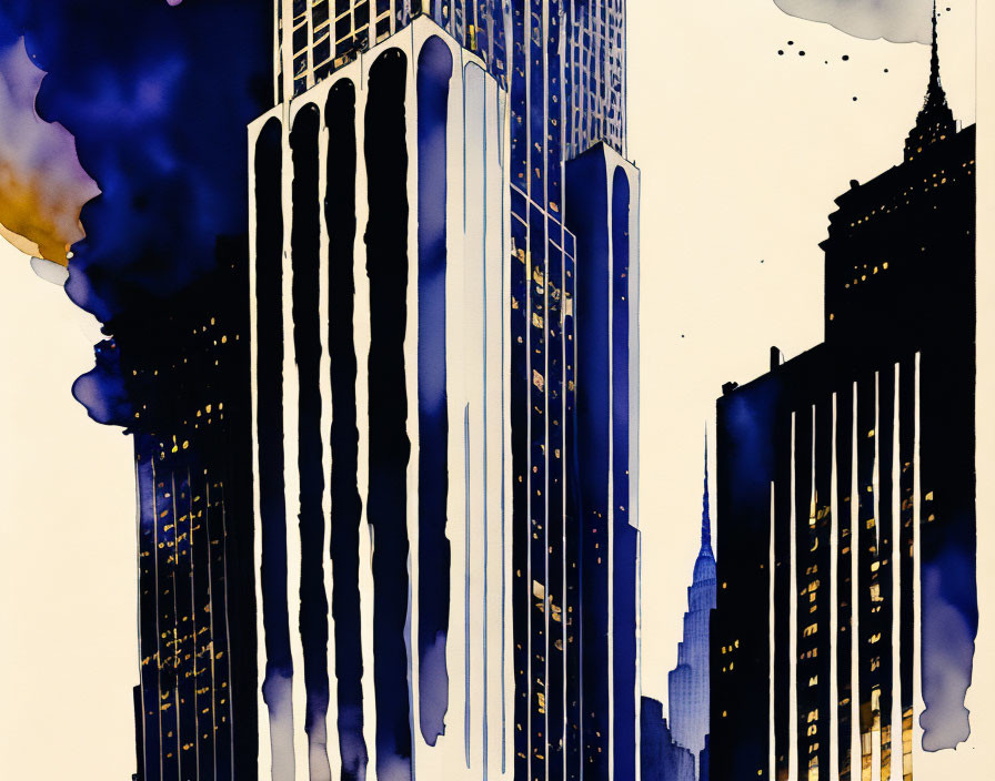 Cityscape with White and Blue Skyscrapers on Black and Gold Ink Blots