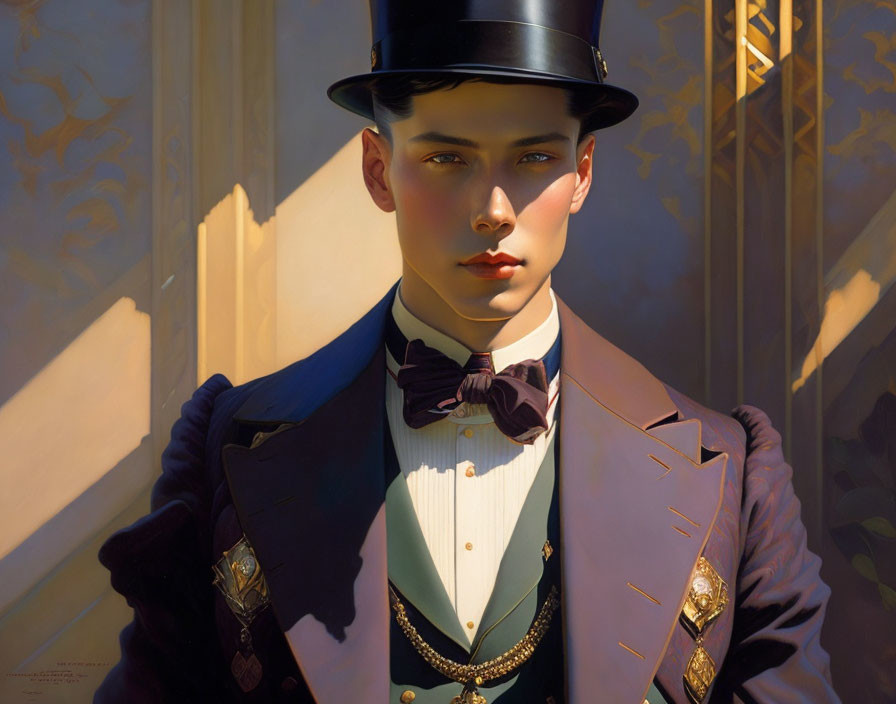 Young Person in Vintage Suit and Top Hat with Ornate Background: Classic Elegance Captured