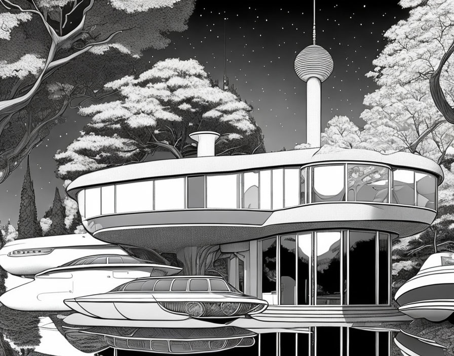 Monochrome futuristic house with large windows and flying vehicle in starry sky