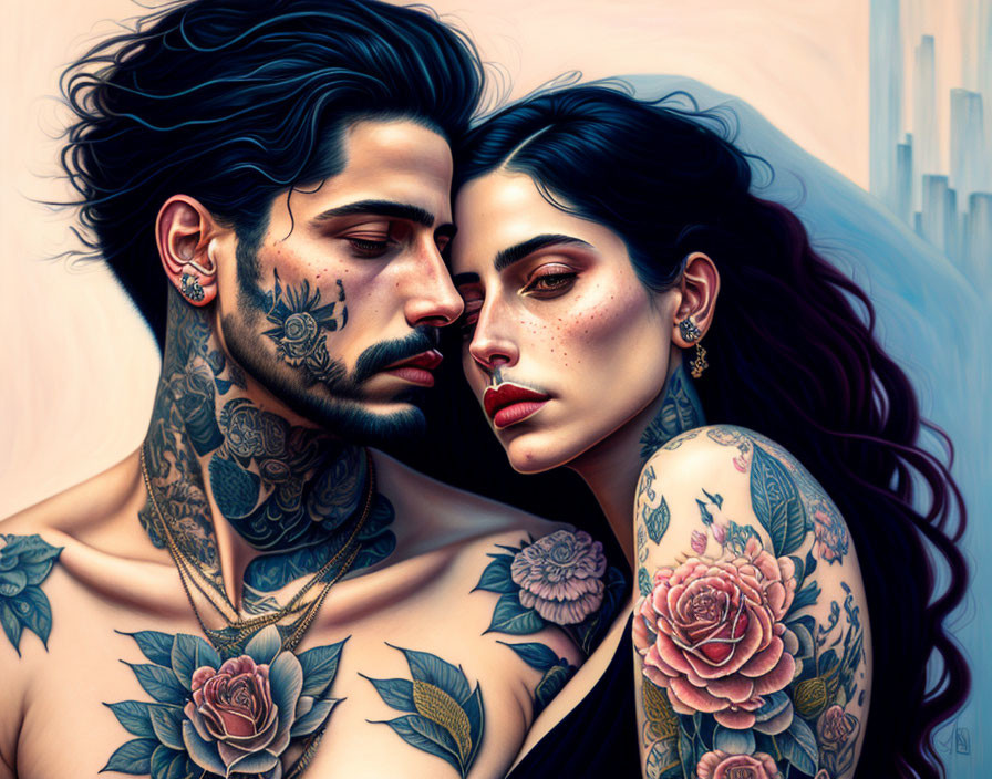 Detailed Floral Tattoos on Man and Woman Embracing in Digital Illustration