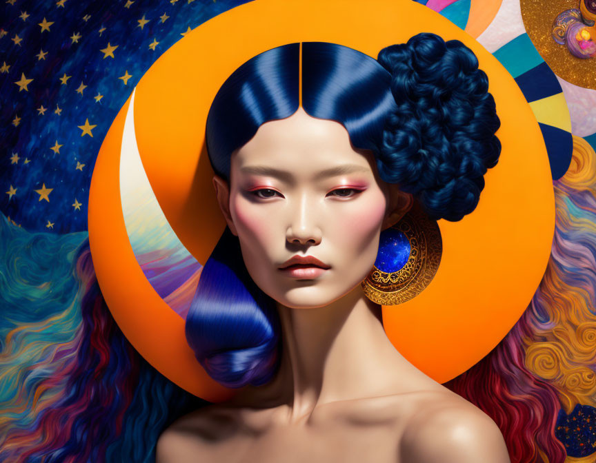 Blue-haired woman with artistic makeup on cosmic background