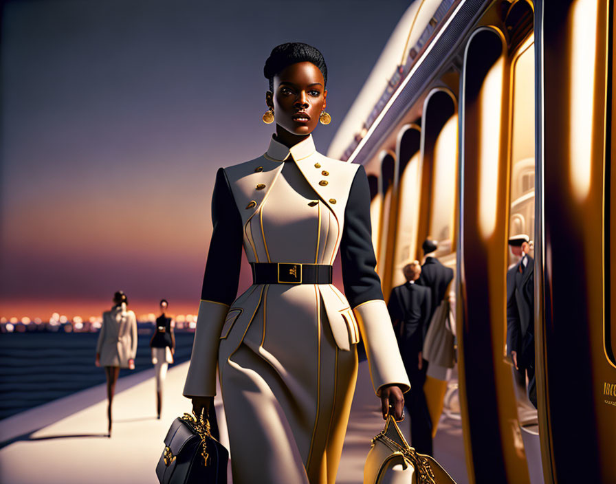 Elegant woman in white and gold outfit by luxury golden train at dusk