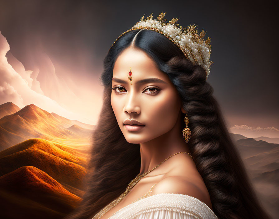 Regal woman with jeweled headpiece and wavy hair against mountain backdrop