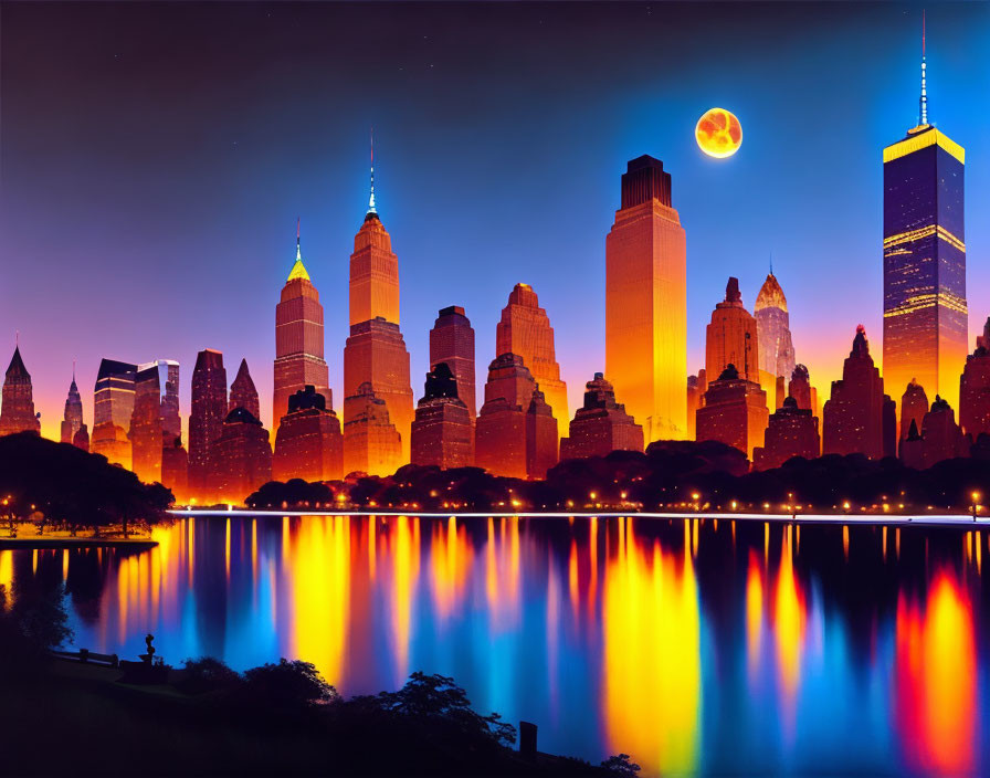 Night cityscape with illuminated skyscrapers, moon, and water reflections