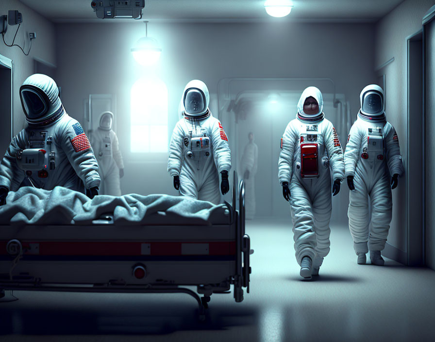 Astronauts in space suits escort gurney in hospital corridor