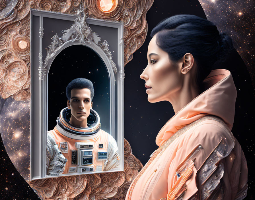 Woman in orange spacesuit gazes at mirror with male reflection in cosmic scene