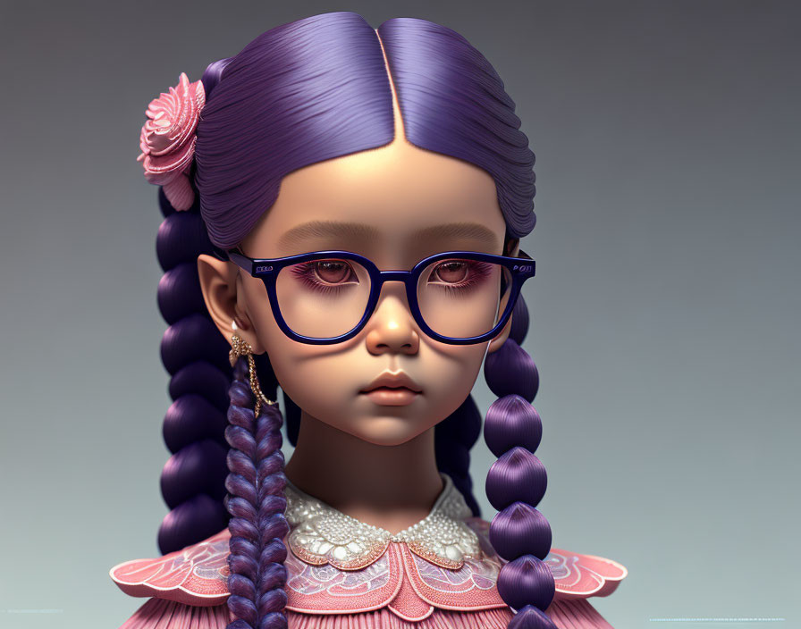 Digital artwork of girl with violet hair in braids and round glasses in pink ruffled dress.